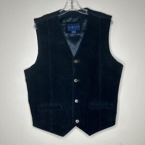 Chereskin Mens Vest Black Waist Length Button Pockets V Neck‎ Leather Lined L